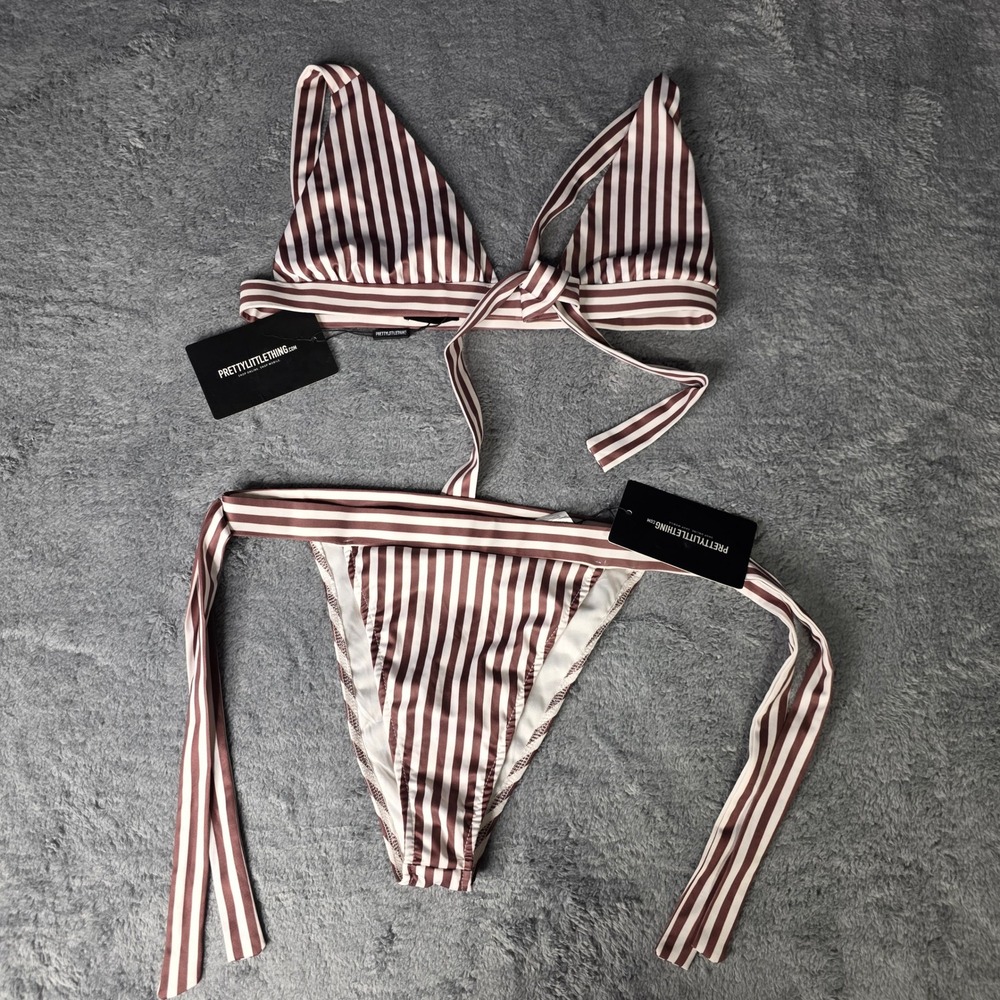 PrettyLittleThing Womens 12 Bikini Set Brown White Striped Tie Front High Leg